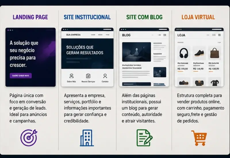 Tipos de sites: landing page, site institucional, site com blog e loja virtual