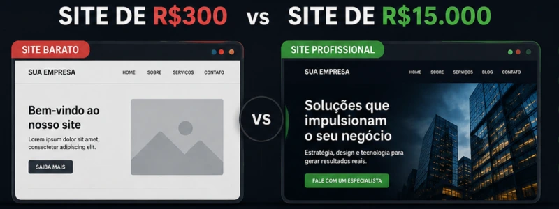 Comparação entre site barato de R$ 300 e site profissional de R$ 15 mil