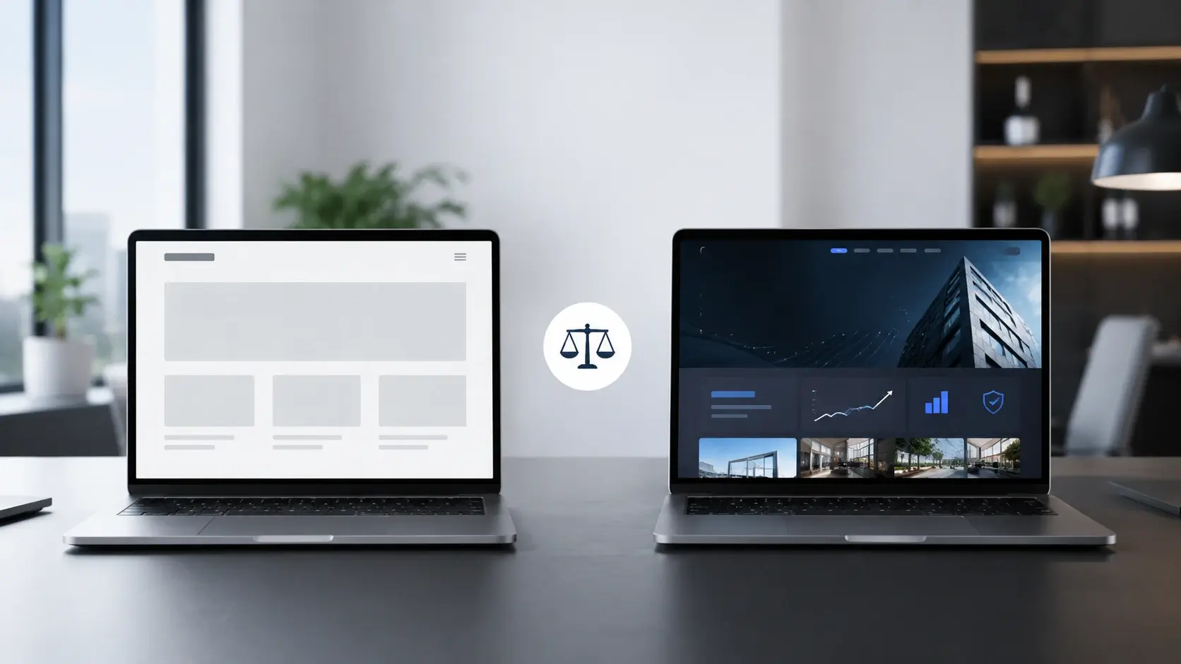 Comparação entre um site básico e um site profissional mostrando diferenças de qualidade