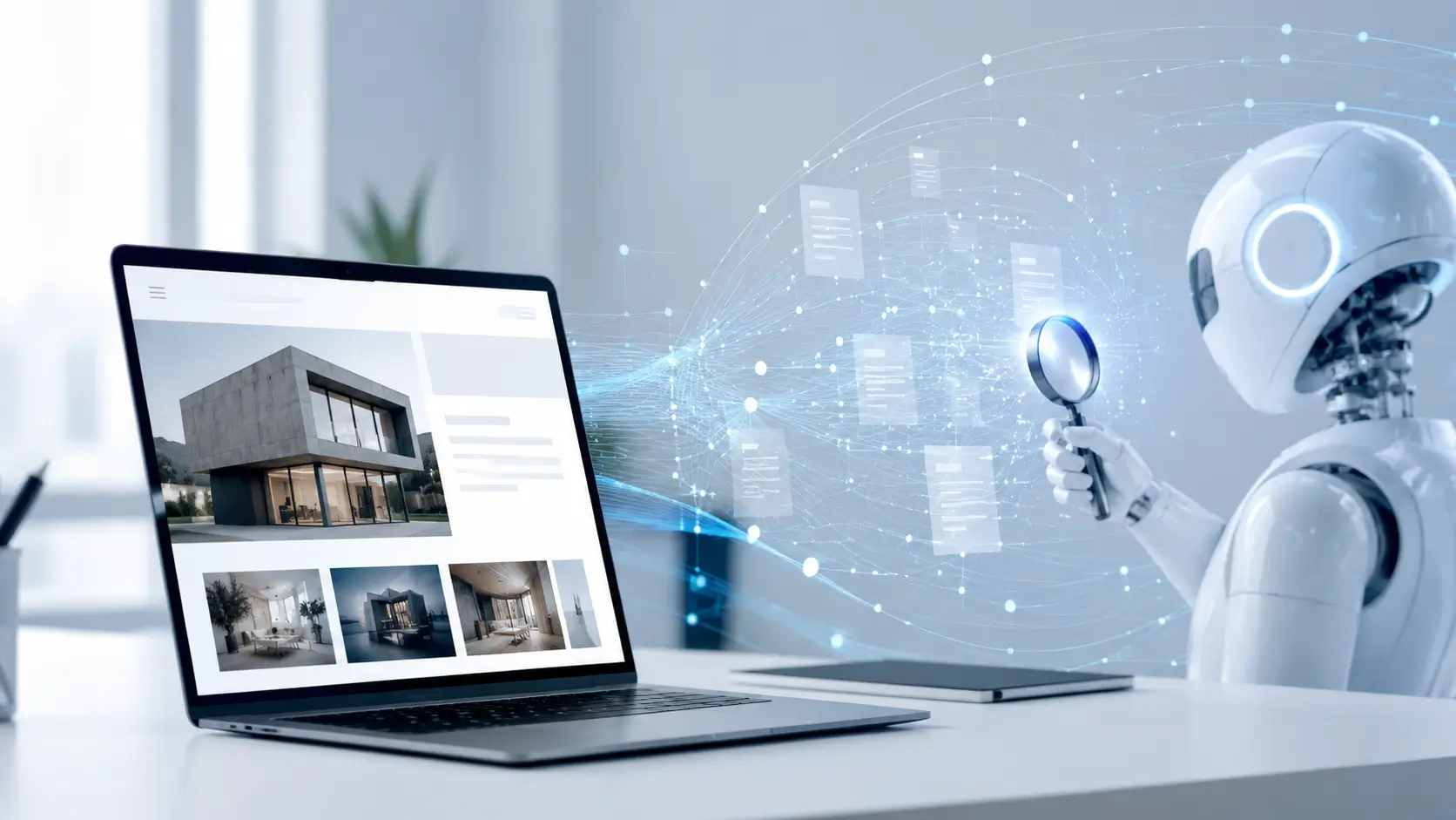Robô analisando um site para representar como o Google encontra e interpreta páginas na internet