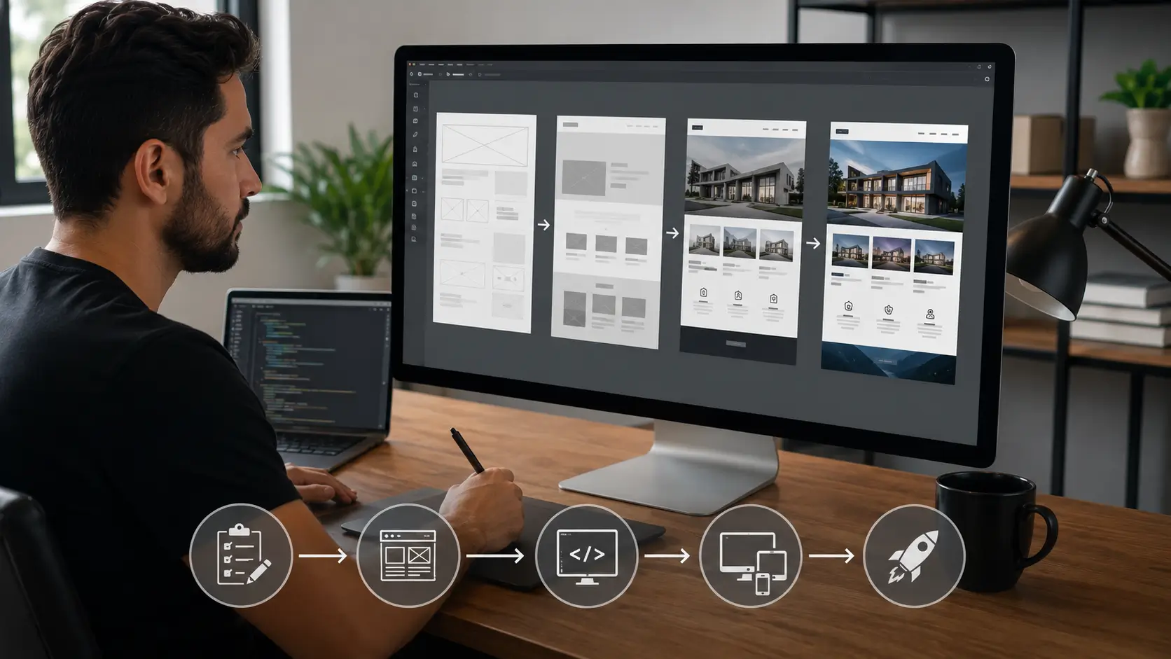 Web designer trabalhando no processo de criação de um site profissional