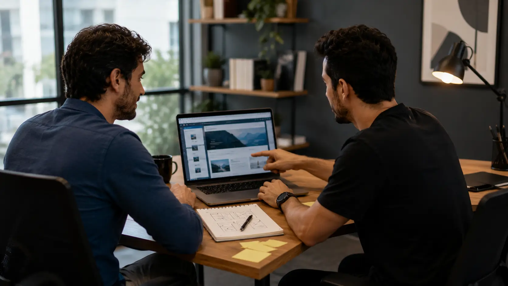 Empresário conversando com web designer antes de iniciar a criação de um site profissional