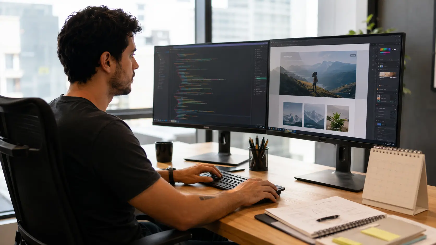 Web designer trabalhando na criação de um site profissional durante o prazo de desenvolvimento