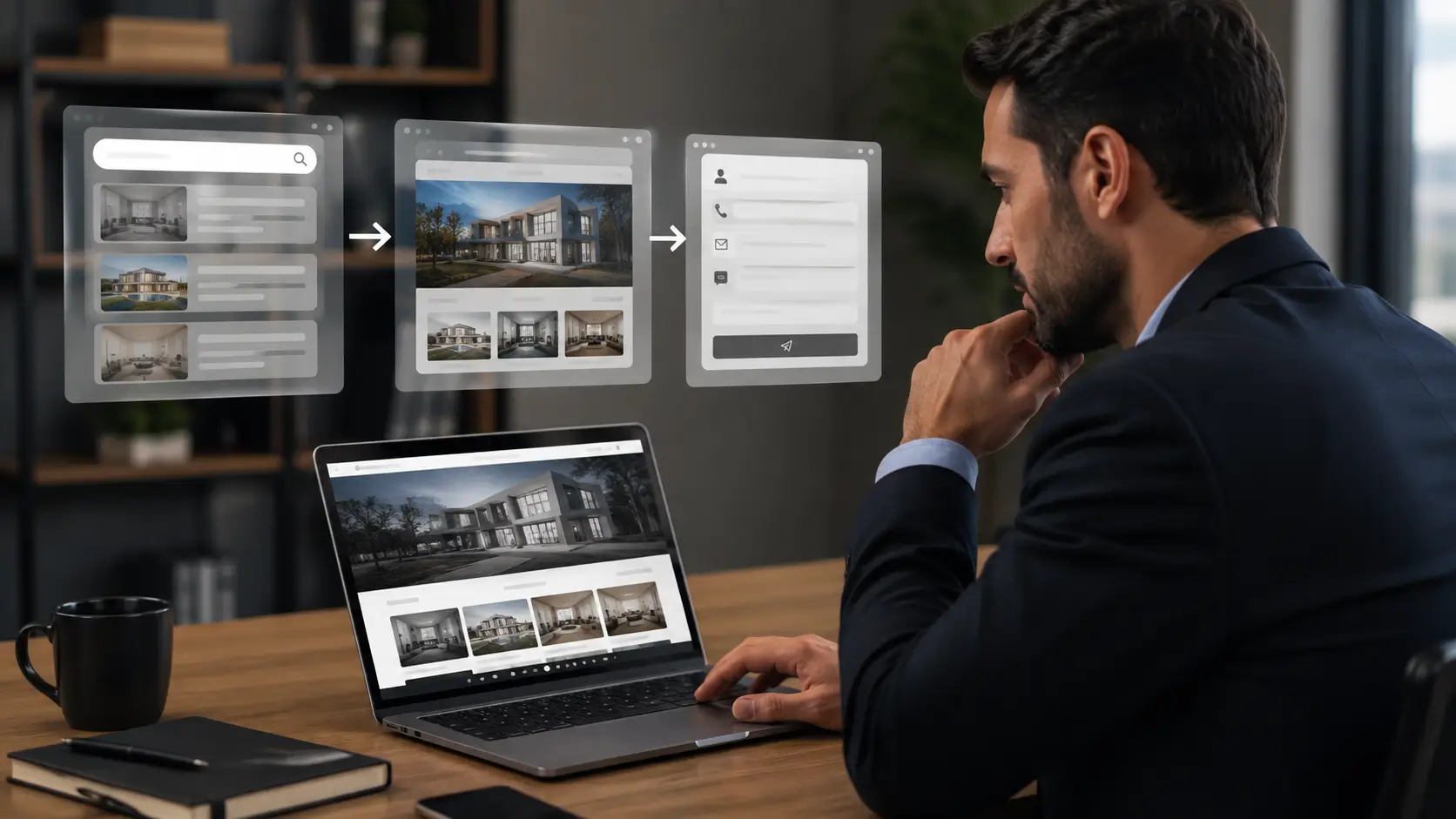 Empresário analisando o site da própria empresa no notebook