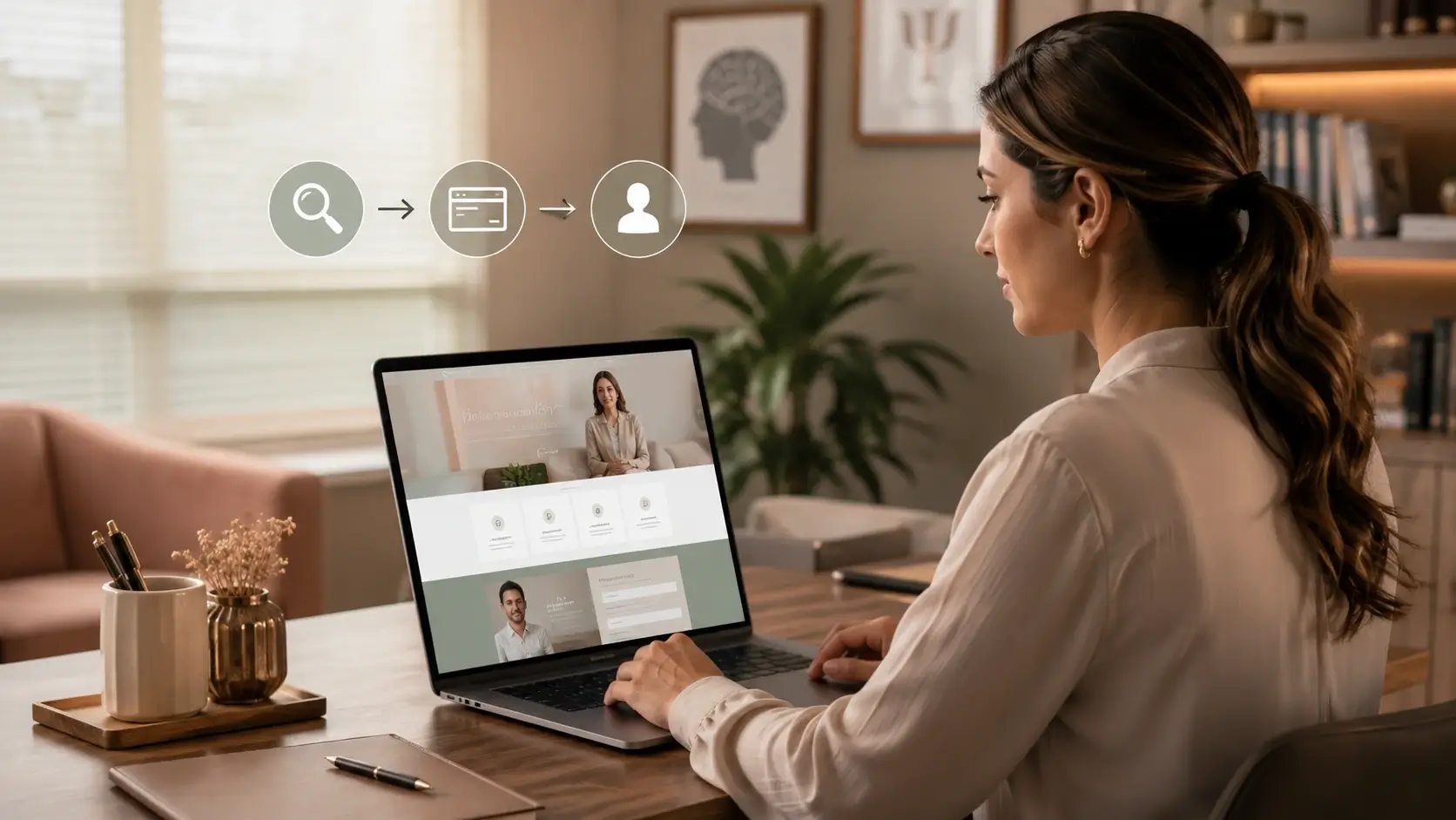 Psicóloga utilizando um site profissional para apresentar seu trabalho e ser encontrada no Google