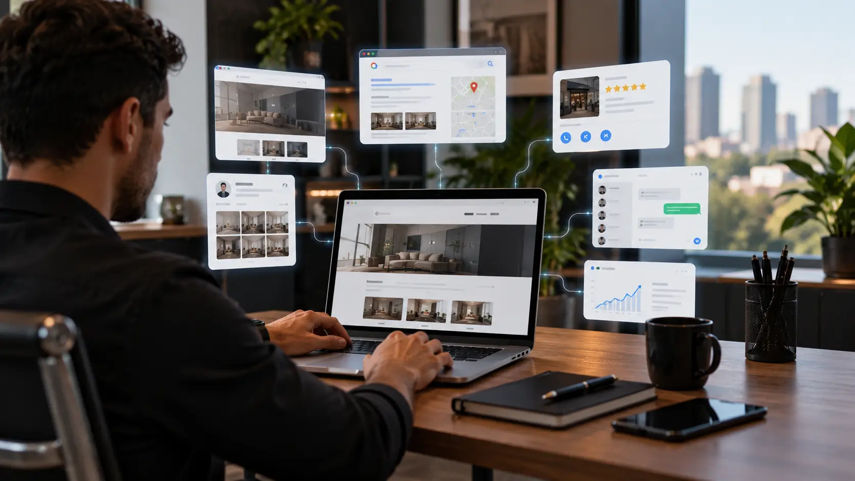 Empresário construindo a presença digital da empresa na internet