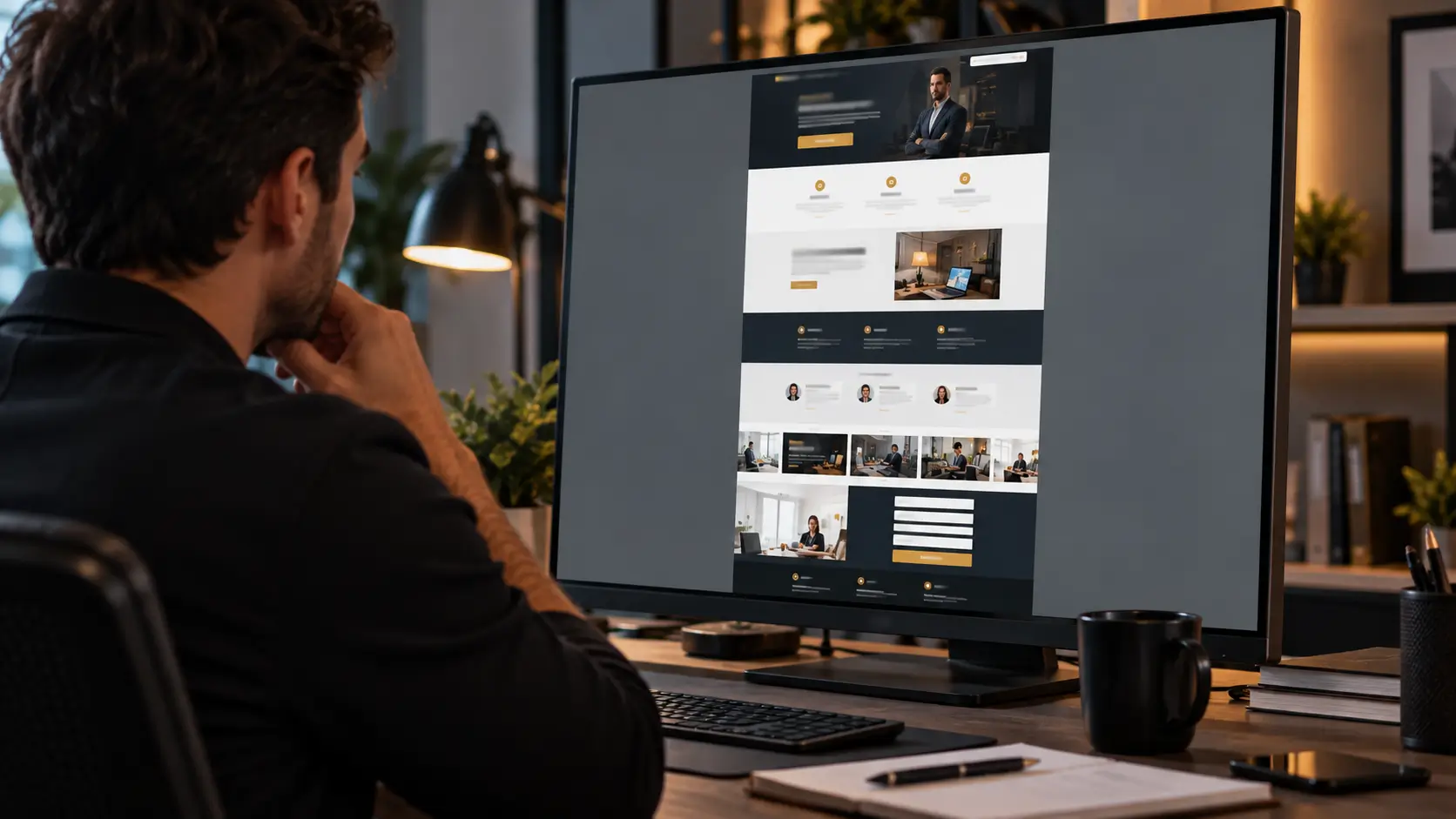 Estrutura de uma página de vendas profissional sendo analisada em um monitor