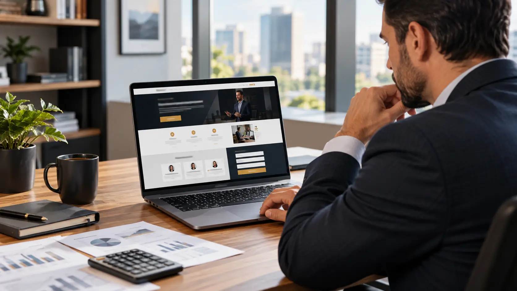 Empresário analisando o custo de uma página de vendas profissional