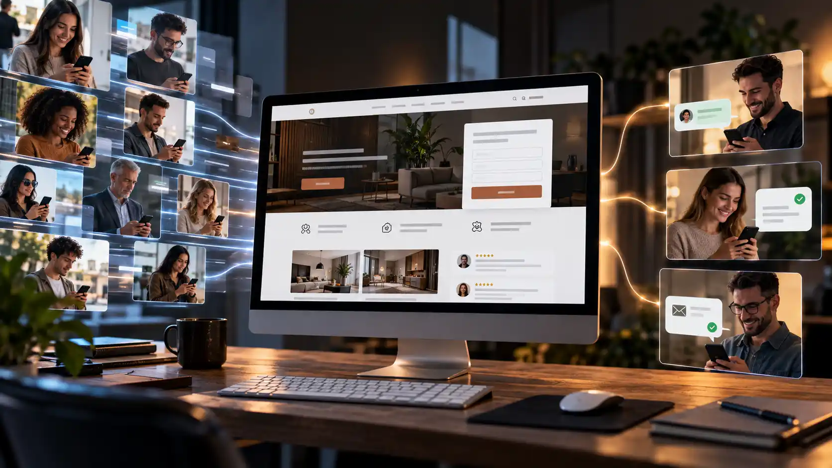 Visitantes entrando em um site profissional e avançando até o contato com a empresa
