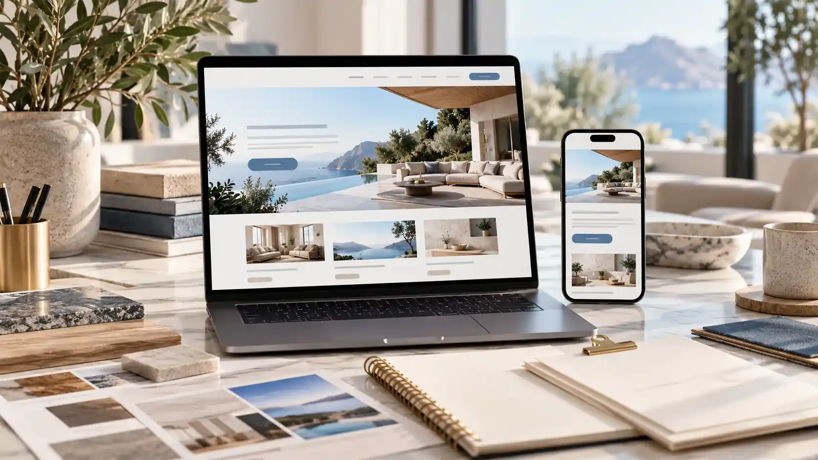 Landing page profissional exibida em notebook e celular durante o planejamento de um projeto de criação de site
