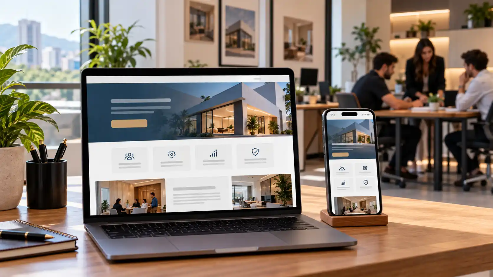 Site institucional profissional exibido em notebook e celular para apresentação de uma empresa.