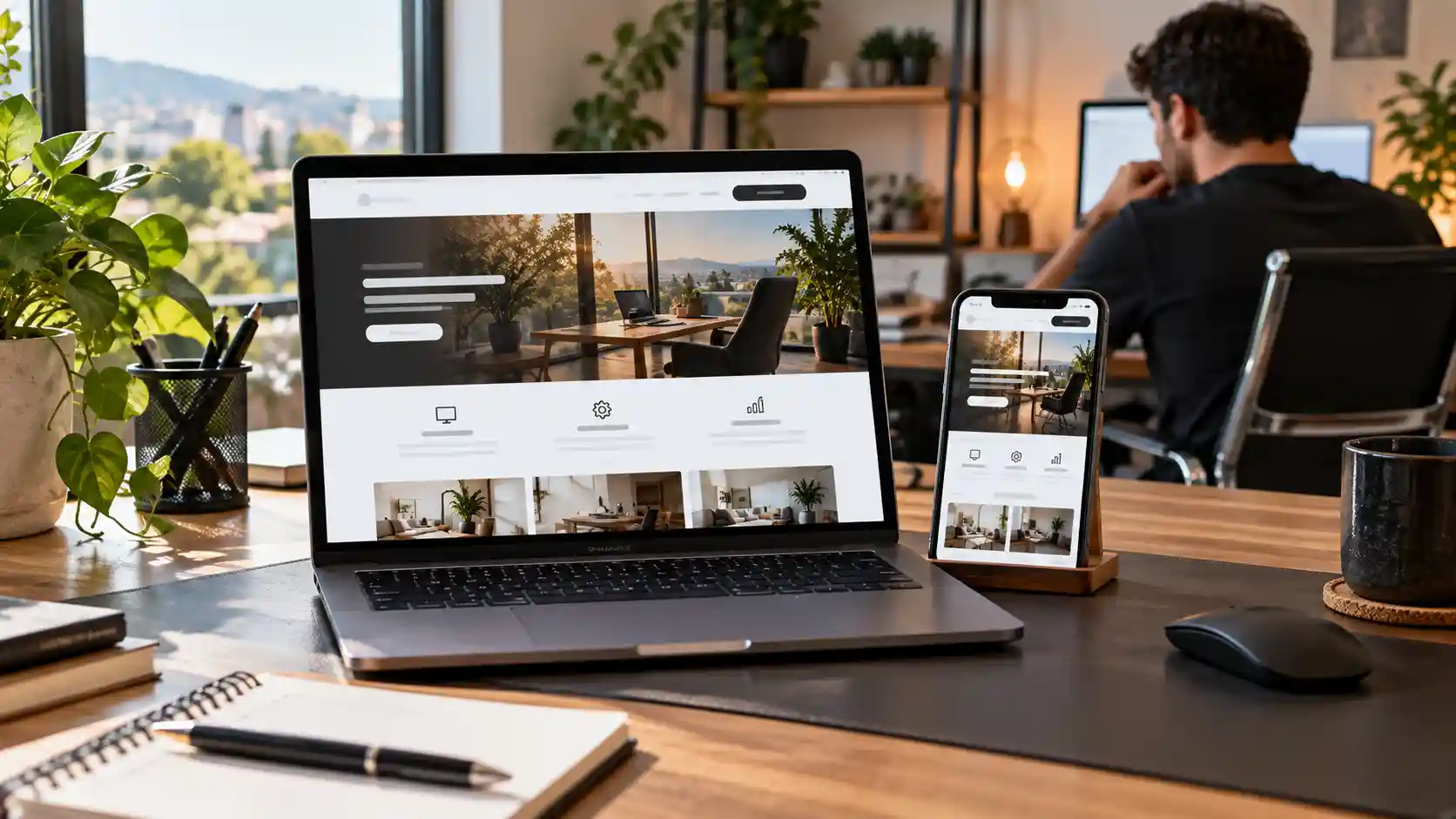 Profissional autônomo utilizando um site próprio para apresentar seus serviços em notebook e celular.