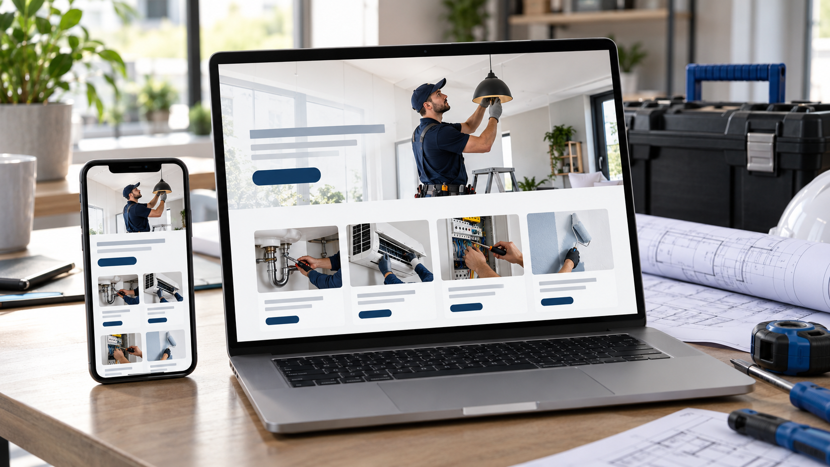 Site profissional para empresa de serviços exibido em notebook e celular, com apresentação de serviços e botão de contato