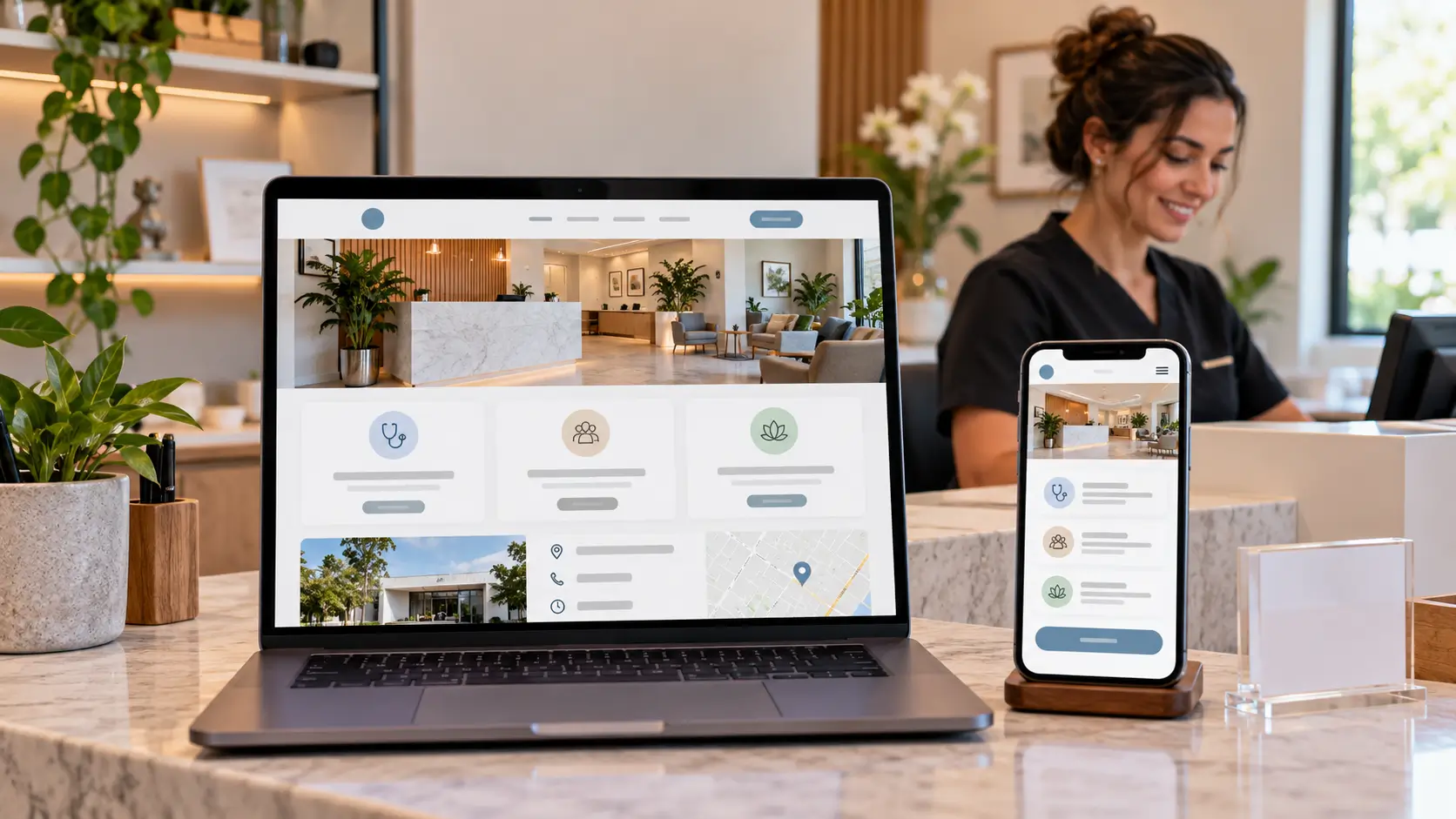 Site profissional para empresa local exibido em notebook e celular em um pequeno negócio.