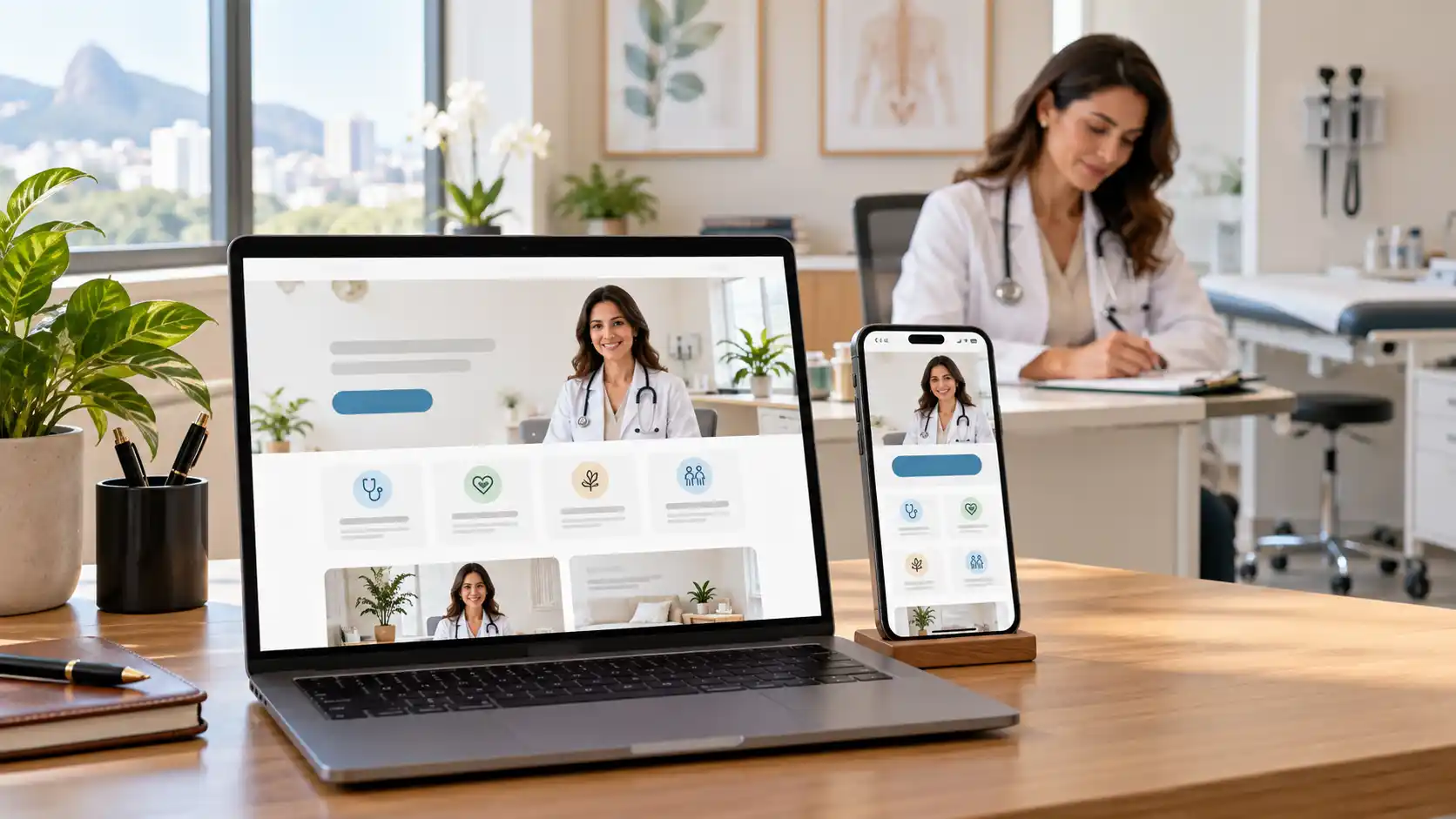 Site profissional para médico exibido em notebook e celular dentro de um consultório