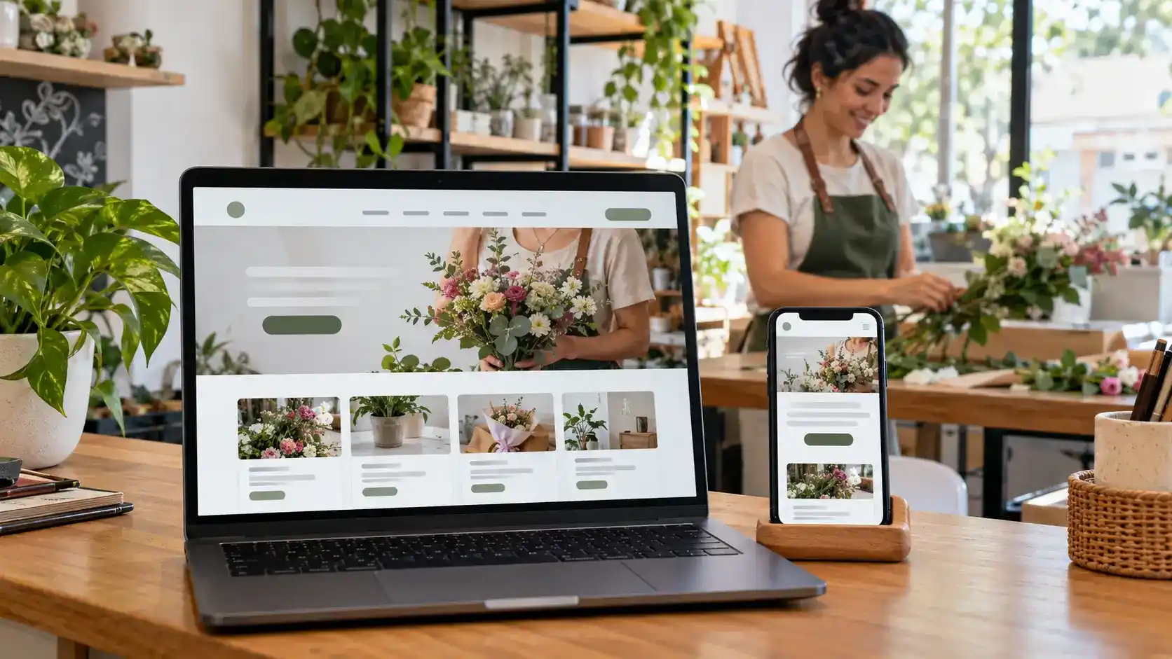 Site profissional para pequena empresa exibido em notebook e celular em um ambiente de pequeno negócio.